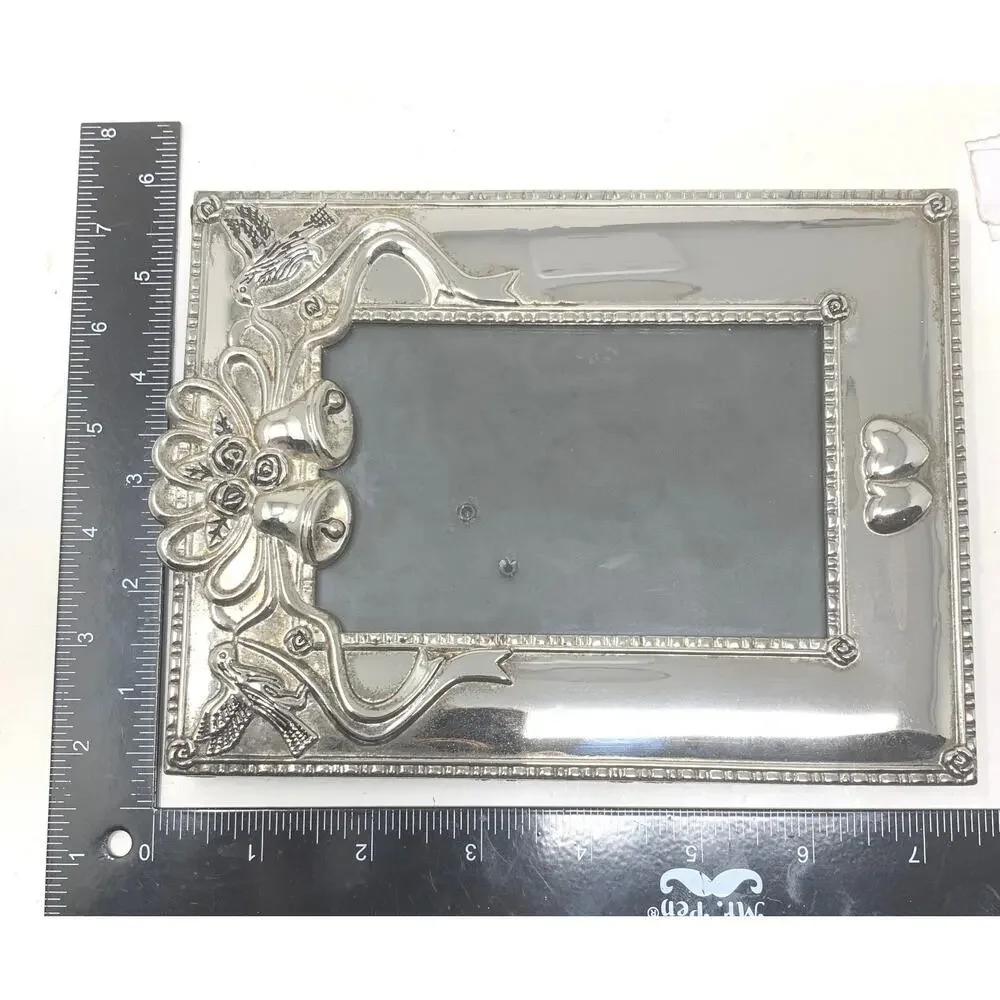 Vintage Silverplate Wedding Photo Frame Bells Doves Heart Romantic Anniversary